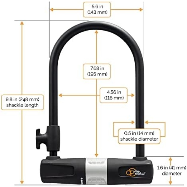 Via Velo Bike Lock Heavy Duty Bicycle U-Lock,14mm Shackle and 10mm x1.8m Cable - Image 2