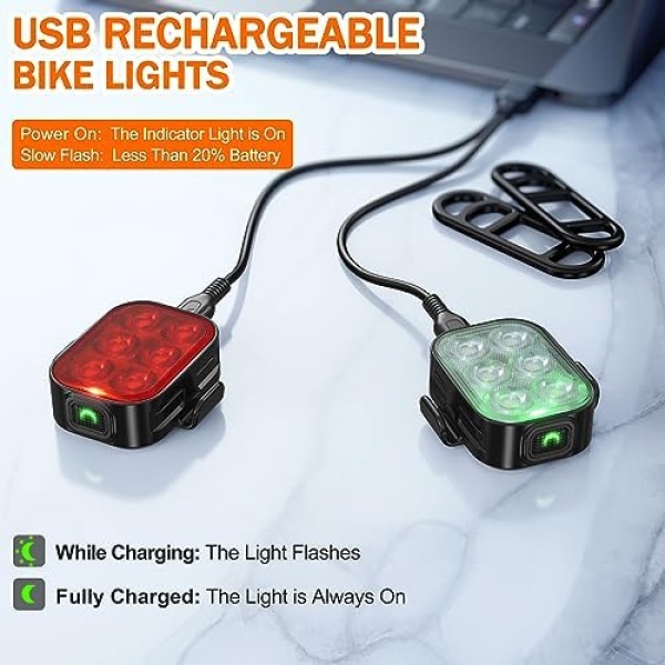 Bike Lights, Combination of Bike Front Light and Tail Light, IP65 Waterproof USB Charging - Image 2