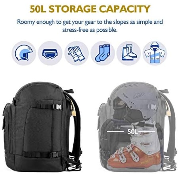 Unigear Ski Boot Bag, 50L Ski Boot Travel Backpack for Ski Helmet, Goggles - Image 2