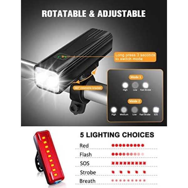 Bike Lights, WOCBUY 1200 Lumen USB Rechargeable LED Bike Light Set, Super Bright Bicycle - Image 6