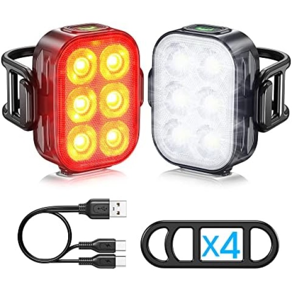 Bike Lights, Combination of Bike Front Light and Tail Light, IP65 Waterproof USB Charging