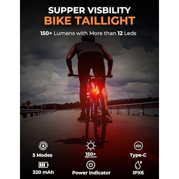 150 lm Rechargeable Bike Tail Light, IPX6 Waterproof Bicycle Rear Cycling 220° - Image 2