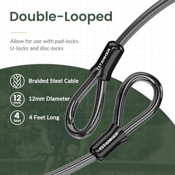 Titanker Bike Lock Cable,12mm Thick Security Cable with Loops Heavy Duty Steel - Image 4