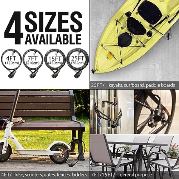 MARQUE Bike Lock with Key – 3/8” (4Ft, 7Ft, 15Ft, 25Ft) Straight Cable Locks - Image 6